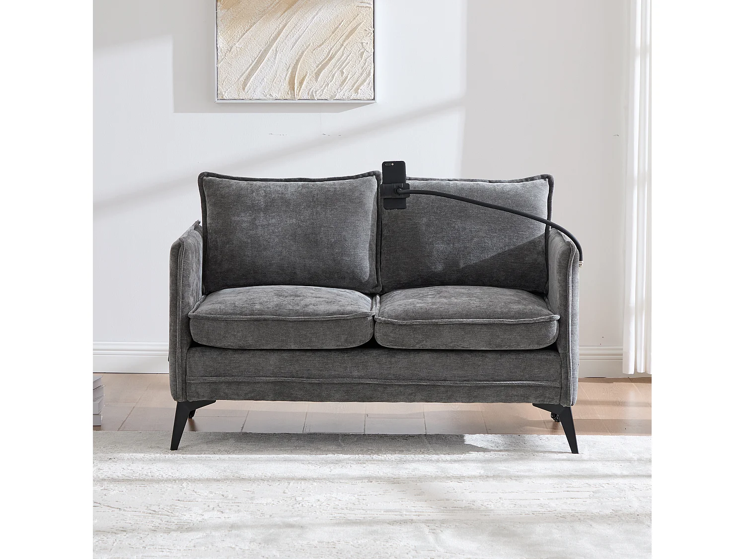 Canapé 2 places avec rangement, support téléphone réglable, tissu chenille, gris (127x69x66 cm)