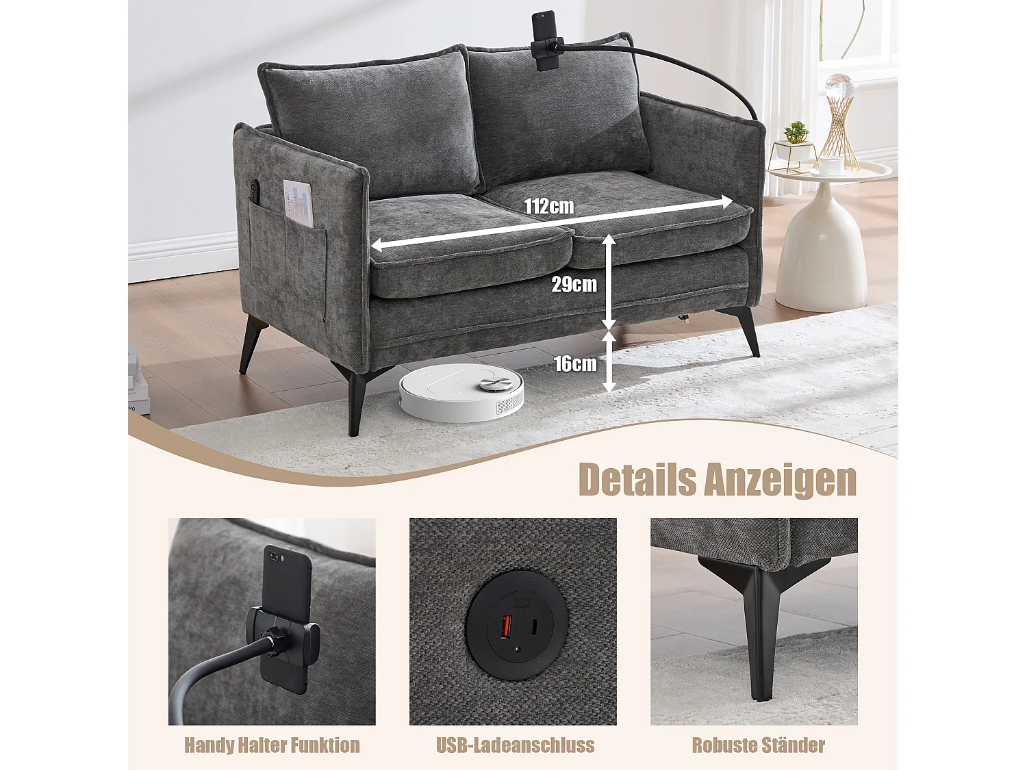 Canapé 2 places avec rangement, support téléphone réglable, tissu chenille, gris (127x69x66 cm)