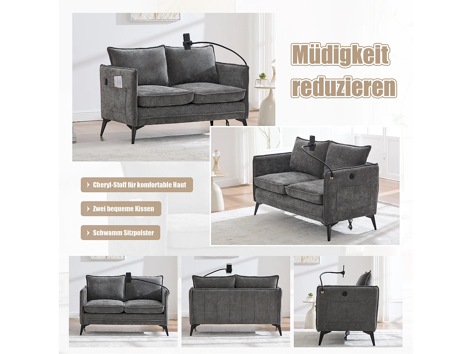 Canapé 2 places avec rangement, support téléphone réglable, tissu chenille, gris (127x69x66 cm)