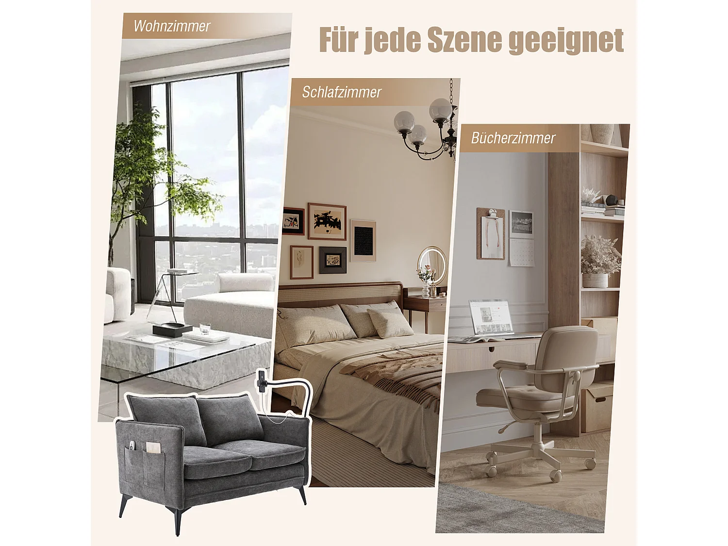 Canapé 2 places avec rangement, support téléphone réglable, tissu chenille, gris (127x69x66 cm)