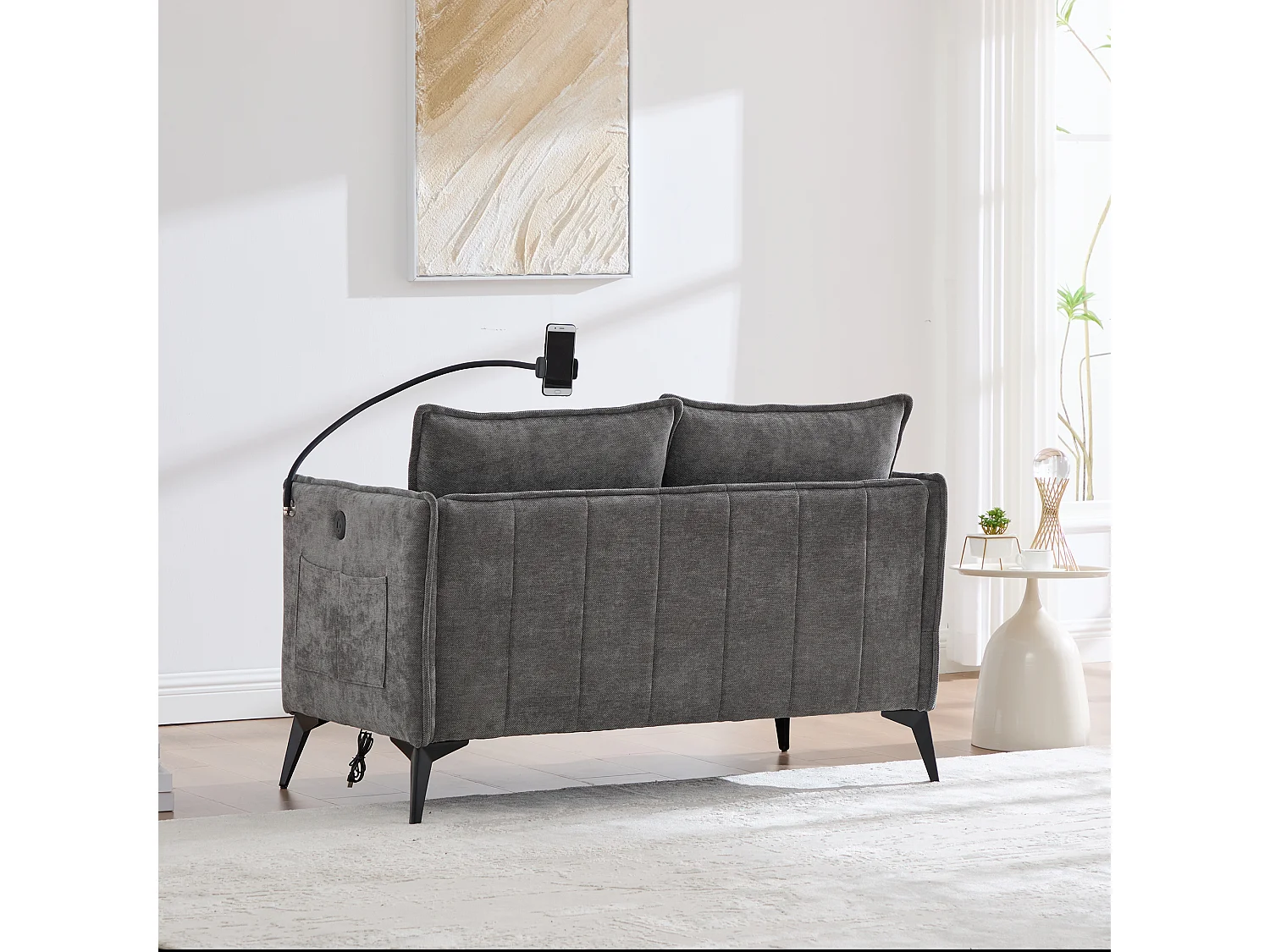 Canapé 2 places avec rangement, support téléphone réglable, tissu chenille, gris (127x69x66 cm)