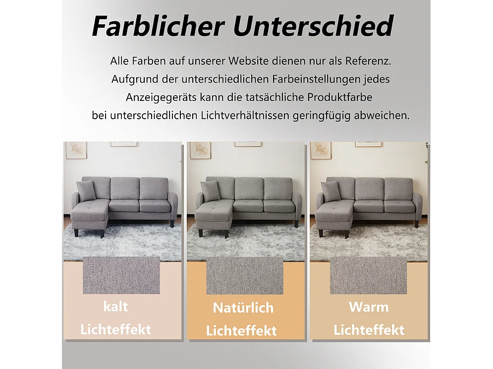 Modulaire hoekbank met chaise longue – 3-zits, ademende katoen-linnen stof, kunststof poten, antiekgrijs (166x118x77 cm)