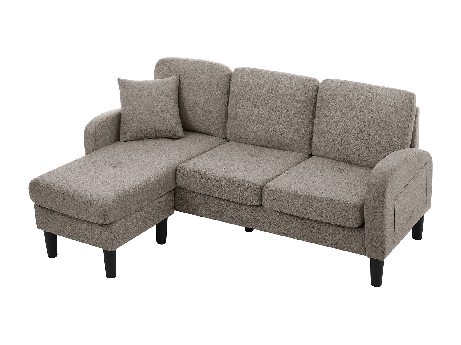 Modulaire hoekbank met chaise longue – 3-zits, ademende katoen-linnen stof, kunststof poten, antiekgrijs (166x118x77 cm)