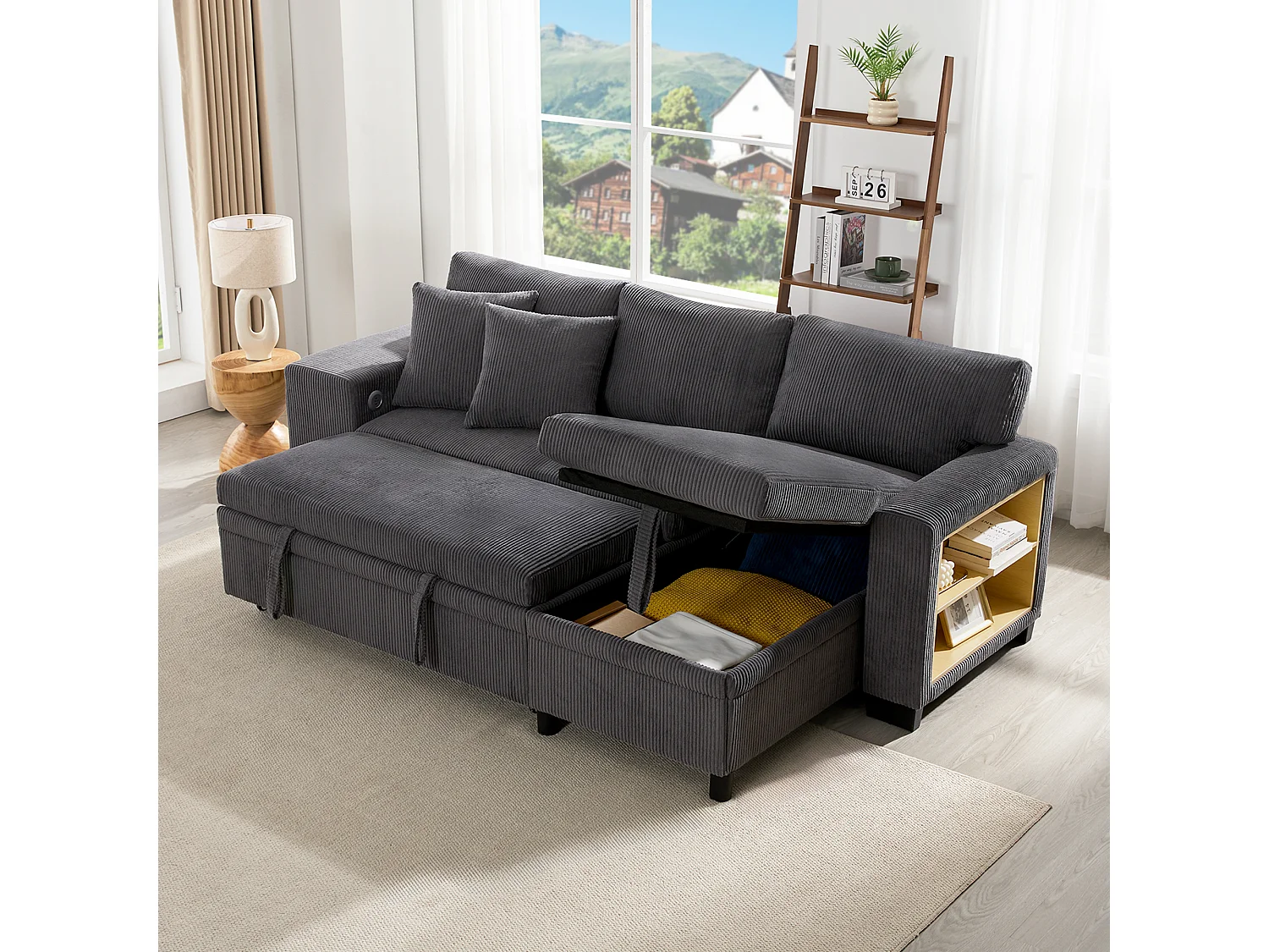 Sofá cama en forma de L, sofá esquinero con función cama, tejido acanalado, con puerto USB y almacenaje, gris (231x131,5x84 cm)