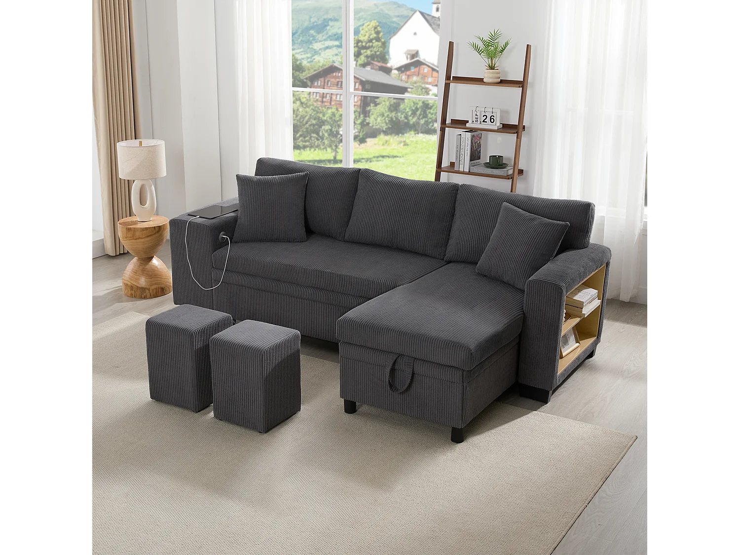 Sofá cama en forma de L, sofá esquinero con función cama, tejido acanalado, con puerto USB y almacenaje, gris (231x131,5x84 cm)