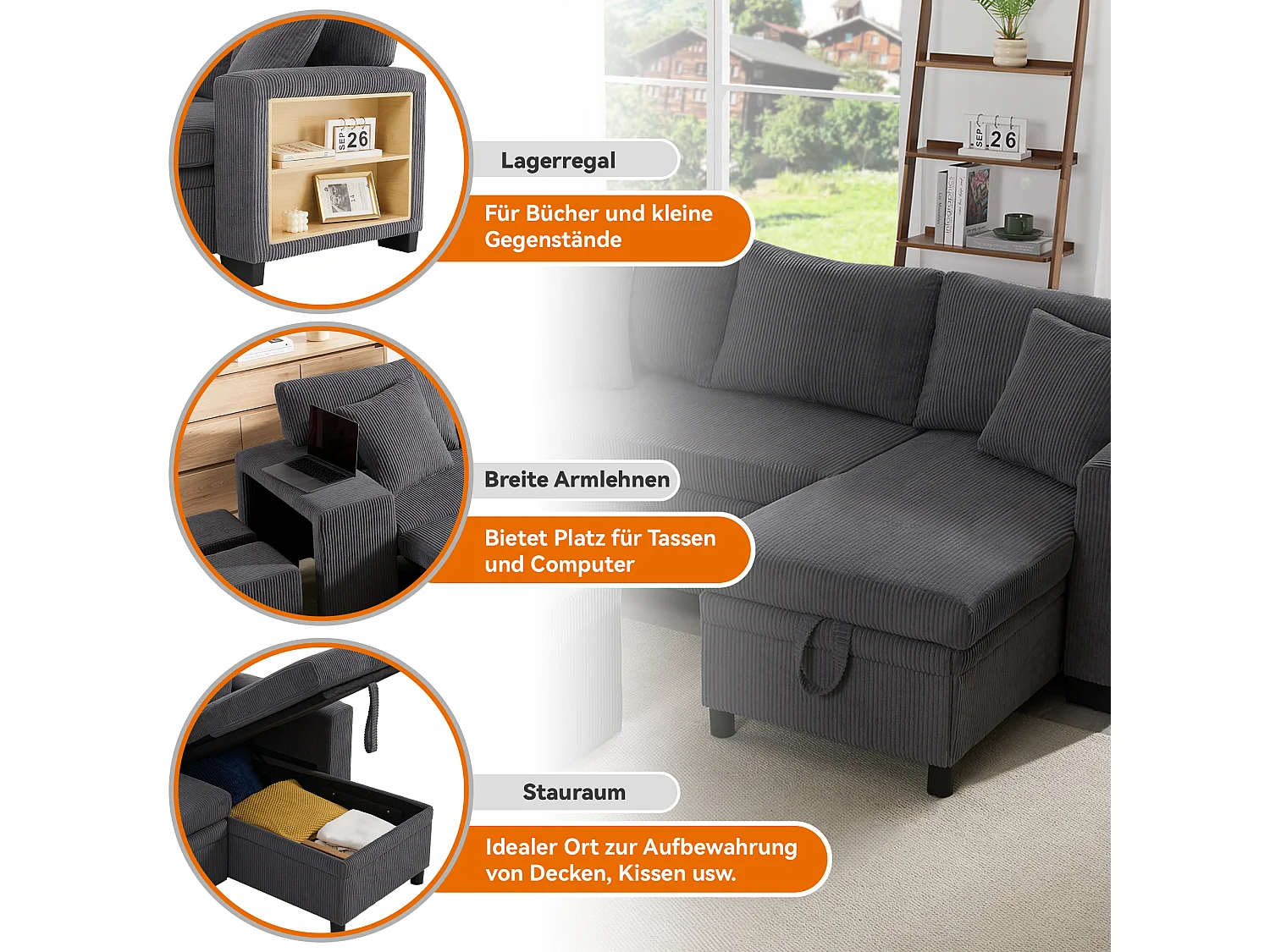 Sofá cama en forma de L, sofá esquinero con función cama, tejido acanalado, con puerto USB y almacenaje, gris (231x131,5x84 cm)