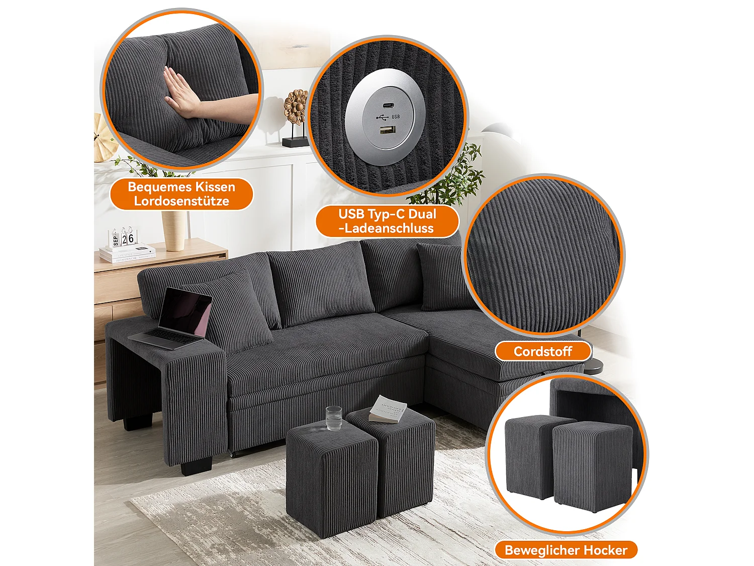 Sofá cama en forma de L, sofá esquinero con función cama, tejido acanalado, con puerto USB y almacenaje, gris (231x131,5x84 cm)