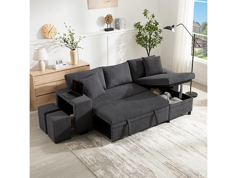 Canapé convertible en L, canapé d'angle avec fonction lit, tissu côtelé, avec port USB et rangement, gris (231x131.5x84 cm)