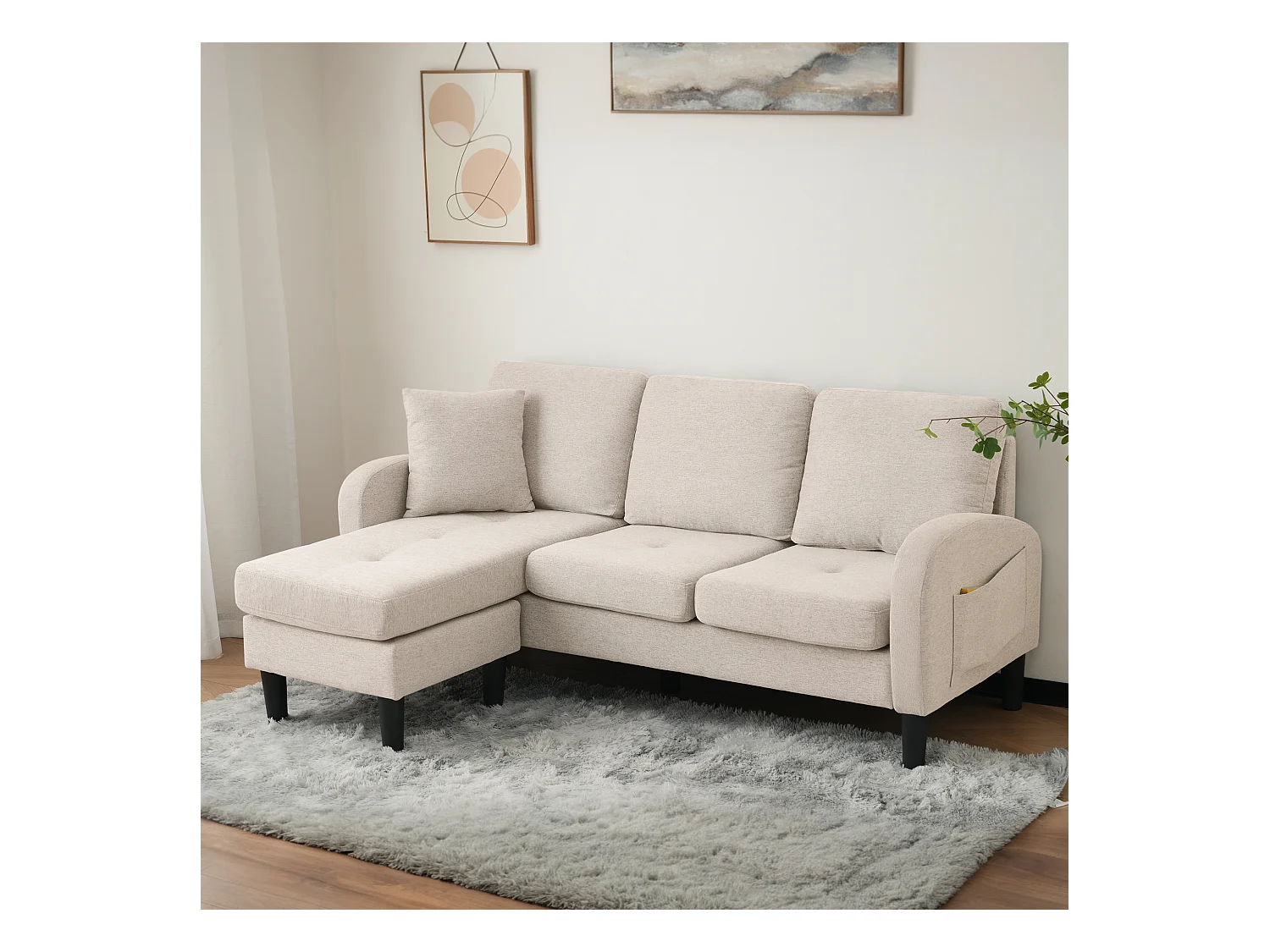 Sofá modular esquinero con chaise longue, 3 plazas, tejido transpirable de algodón y lino, patas de plástico, beige (166x118x77 cm)