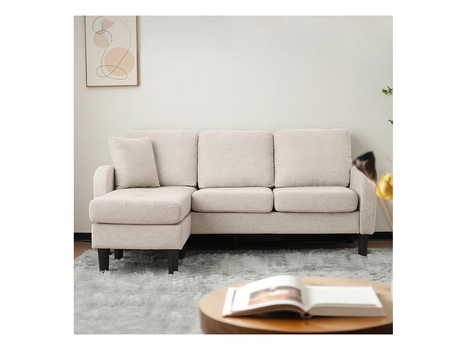 Sofá modular esquinero con chaise longue, 3 plazas, tejido transpirable de algodón y lino, patas de plástico, beige (166x118x77 cm)