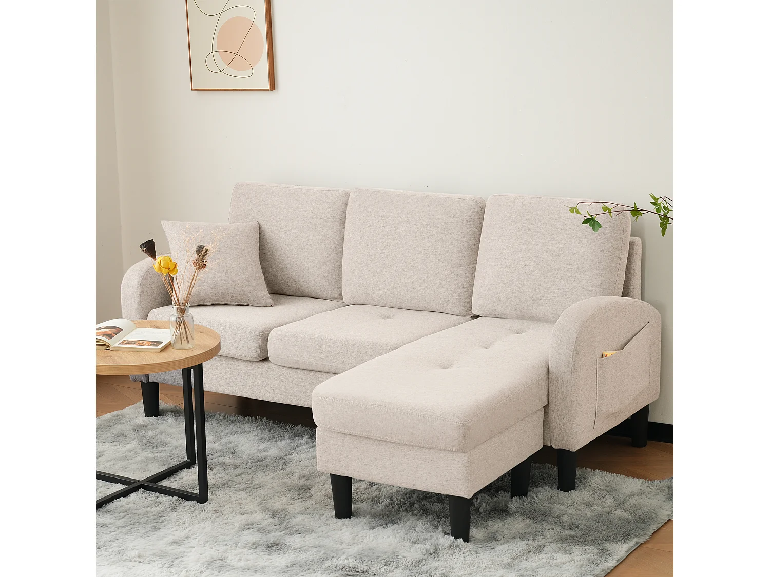 Canapé d'angle modulaire avec méridienne – 3 places, tissu en coton-lin respirant, pieds en plastique, beige (166x118x77 cm)