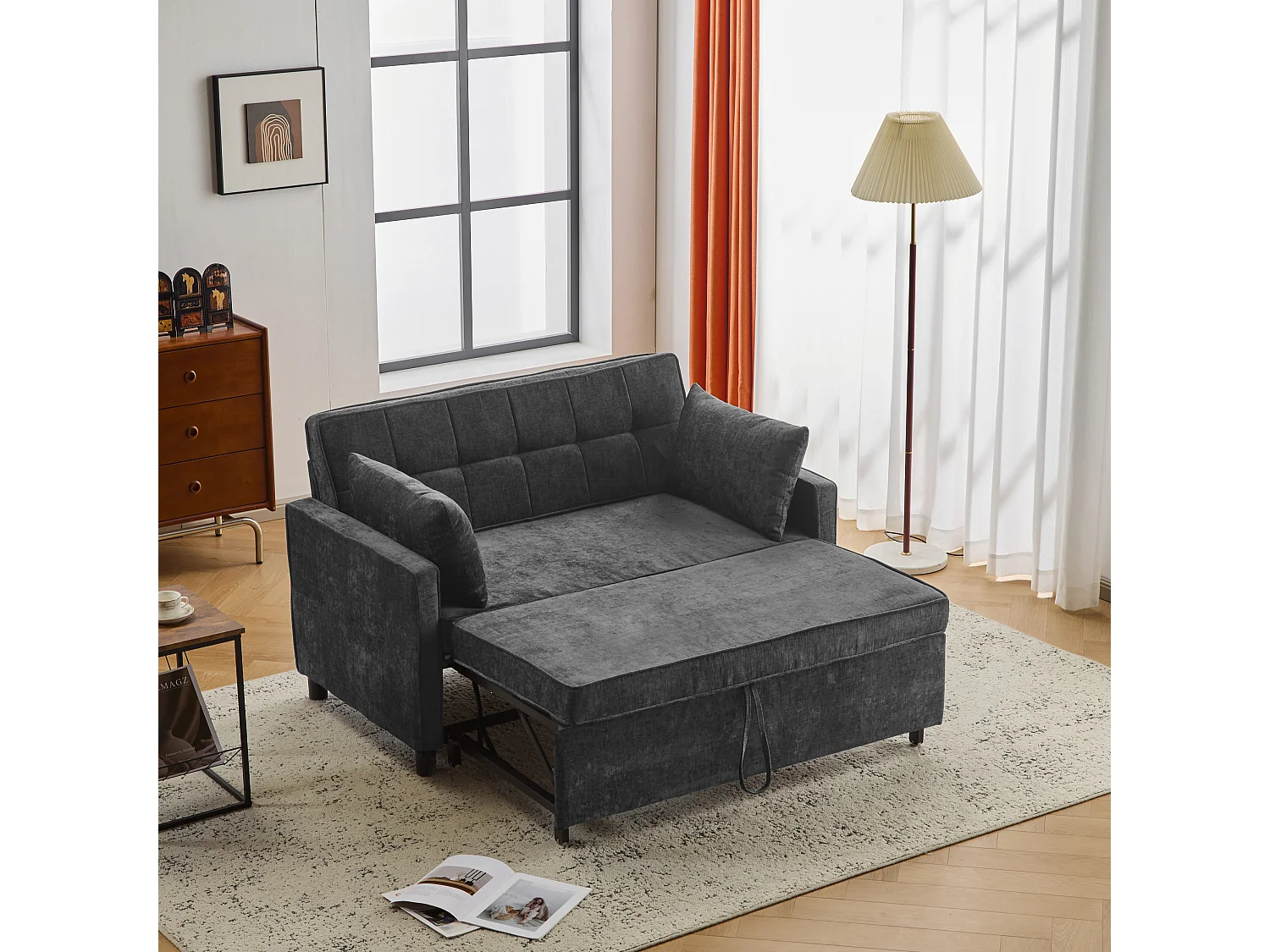 Sofa-lit avec fonction lit, dossier réglable, tissu chenille, mousse haute densité, beige, (142x79x85 cm)