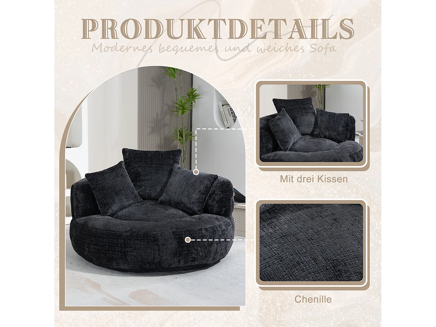 Lazy Sofa Lounge Chair met hoge rugleuning, relaxfauteuil, zwarte chenille zitting, voor volwassenen en kinderen (108x108x52 cm)