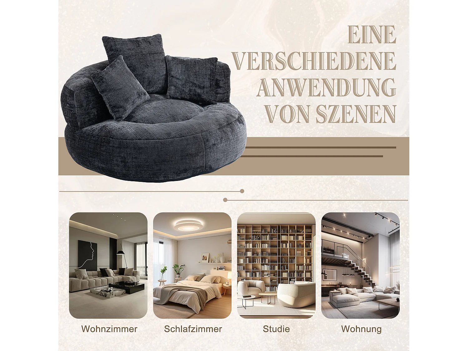 Lazy Sofa Lounge Chair met hoge rugleuning, relaxfauteuil, zwarte chenille zitting, voor volwassenen en kinderen (108x108x52 cm)