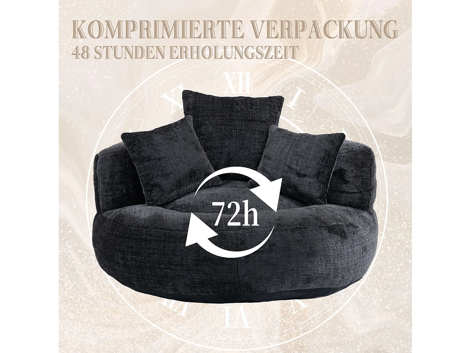 Lazy Sofa Lounge Chair met hoge rugleuning, relaxfauteuil, zwarte chenille zitting, voor volwassenen en kinderen (108x108x52 cm)