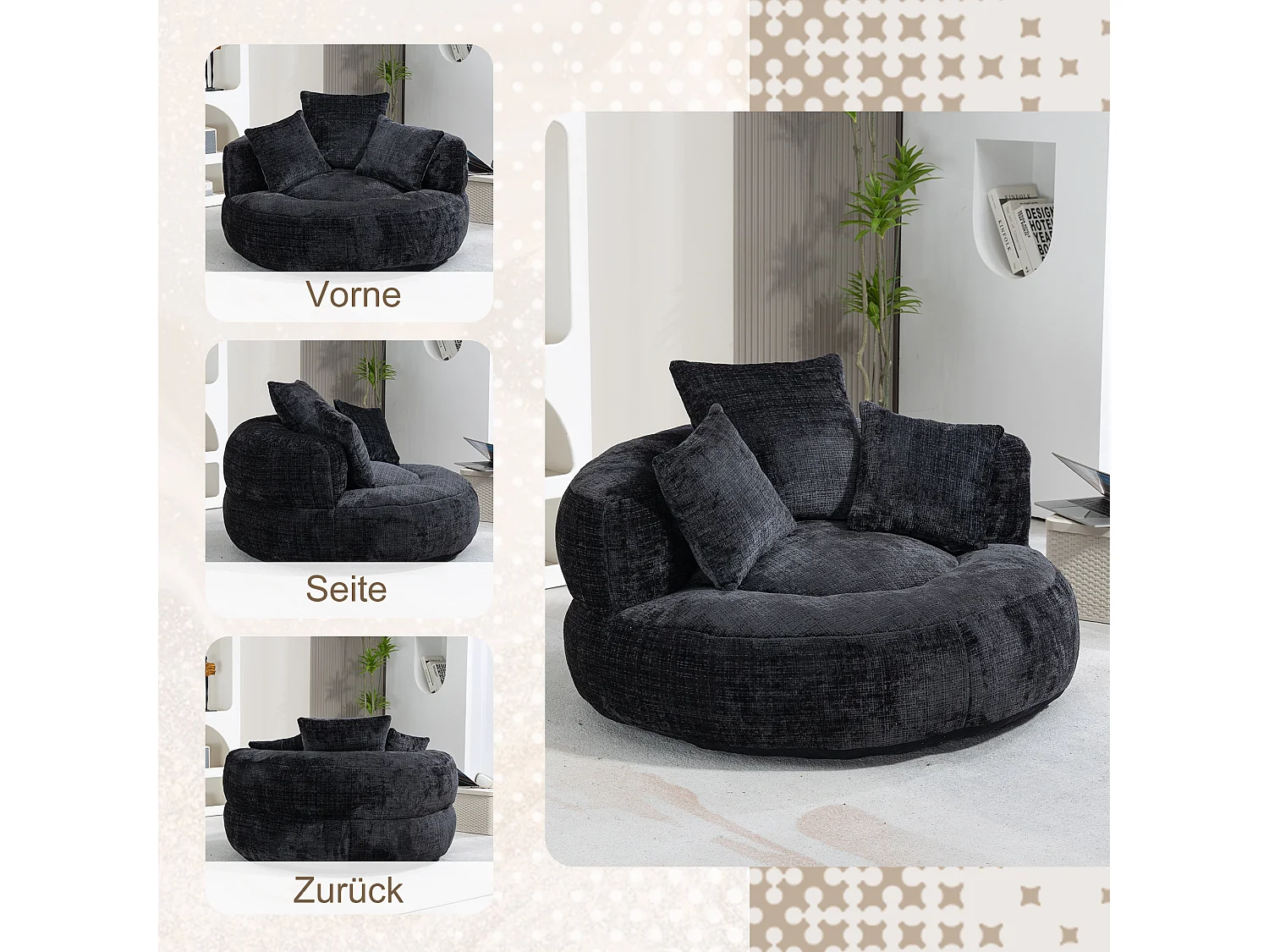 Sillón relax con respaldo alto y asiento de chenilla negra, para adultos y niños (108 x 108 x 52 cm)