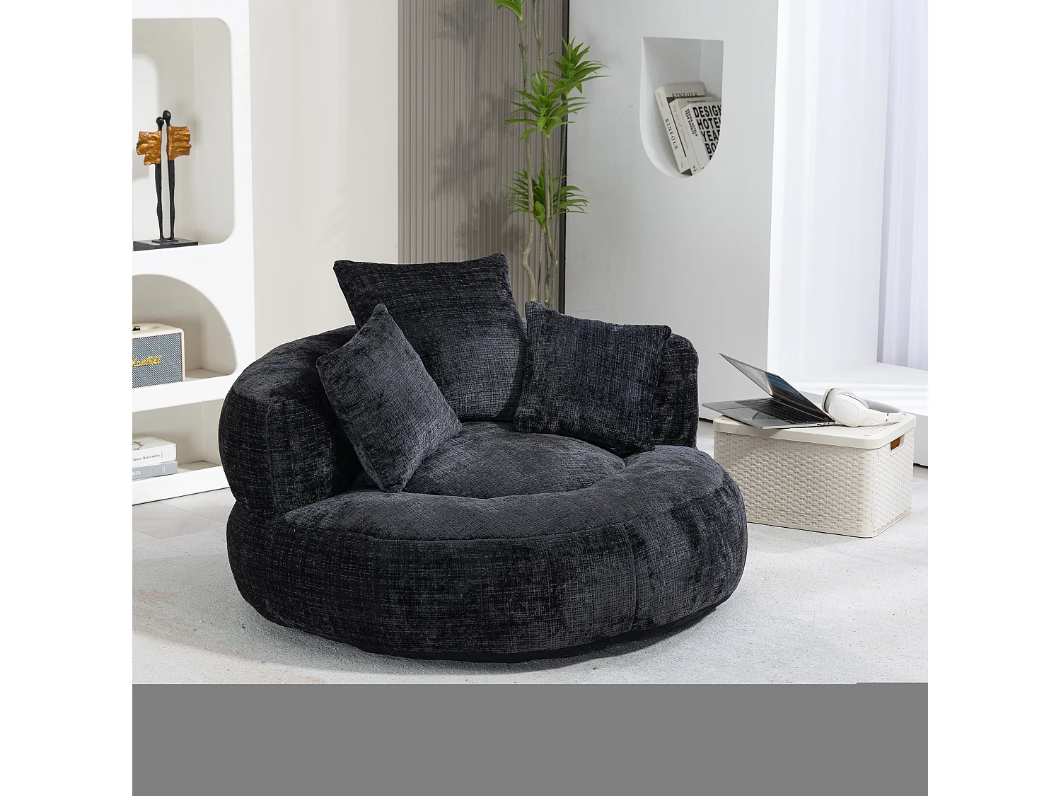 Sillón relax con respaldo alto y asiento de chenilla negra, para adultos y niños (108 x 108 x 52 cm)