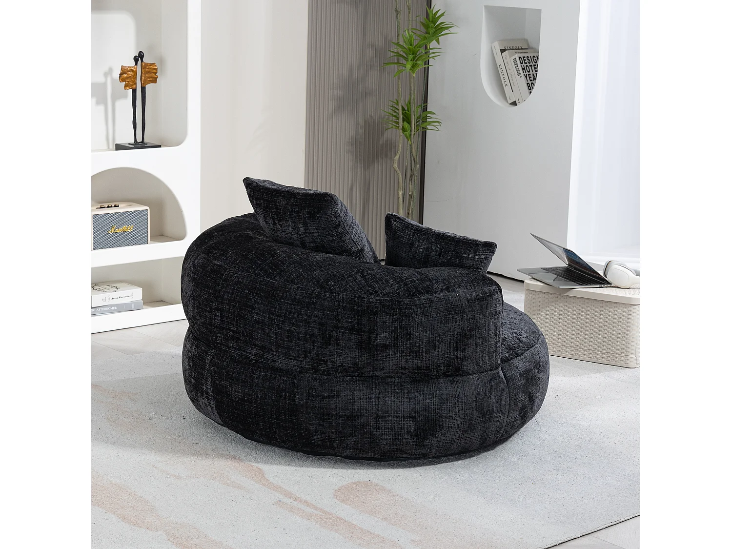 Sillón relax con respaldo alto y asiento de chenilla negra, para adultos y niños (108 x 108 x 52 cm)