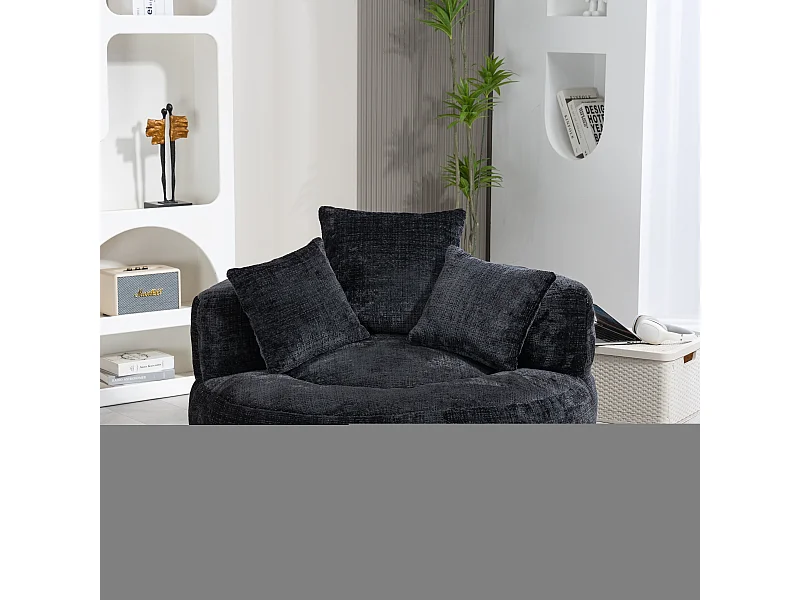 Chaise de salon Lazy Sofa avec dossier haut, fauteuil de détente, siège en chenille noir, pour adultes et enfants (108x108x52 cm)