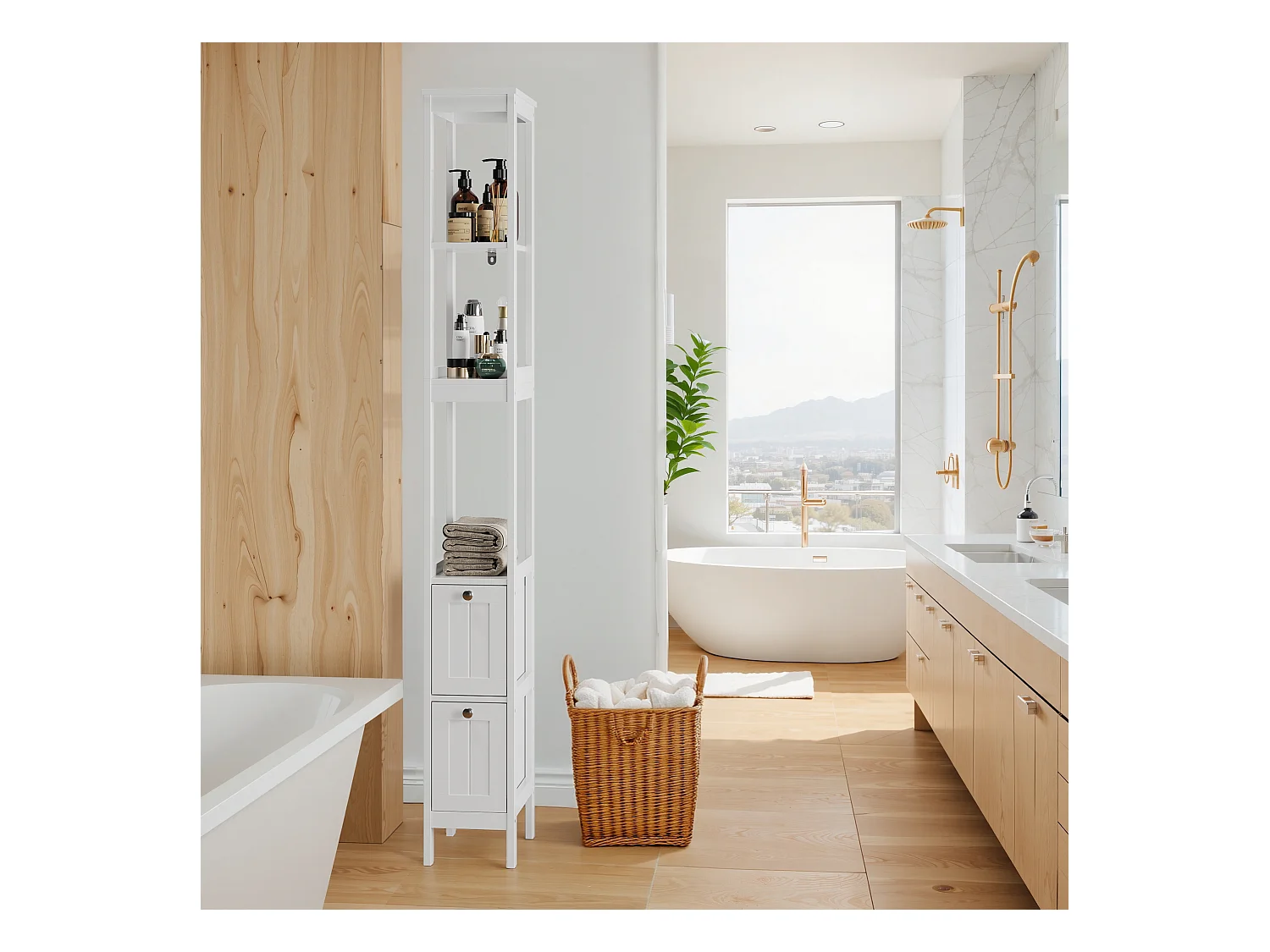 Meuble de rangement étroit pour salle de bain, avec 2 tiroirs et 3 étagères, bois, blanc (20x30x160 cm)