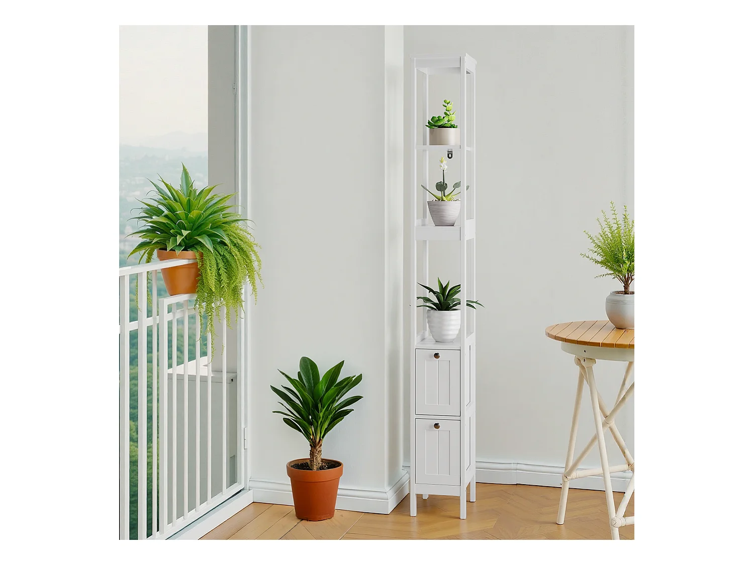 Meuble de rangement étroit pour salle de bain, avec 2 tiroirs et 3 étagères, bois, blanc (20x30x160 cm)