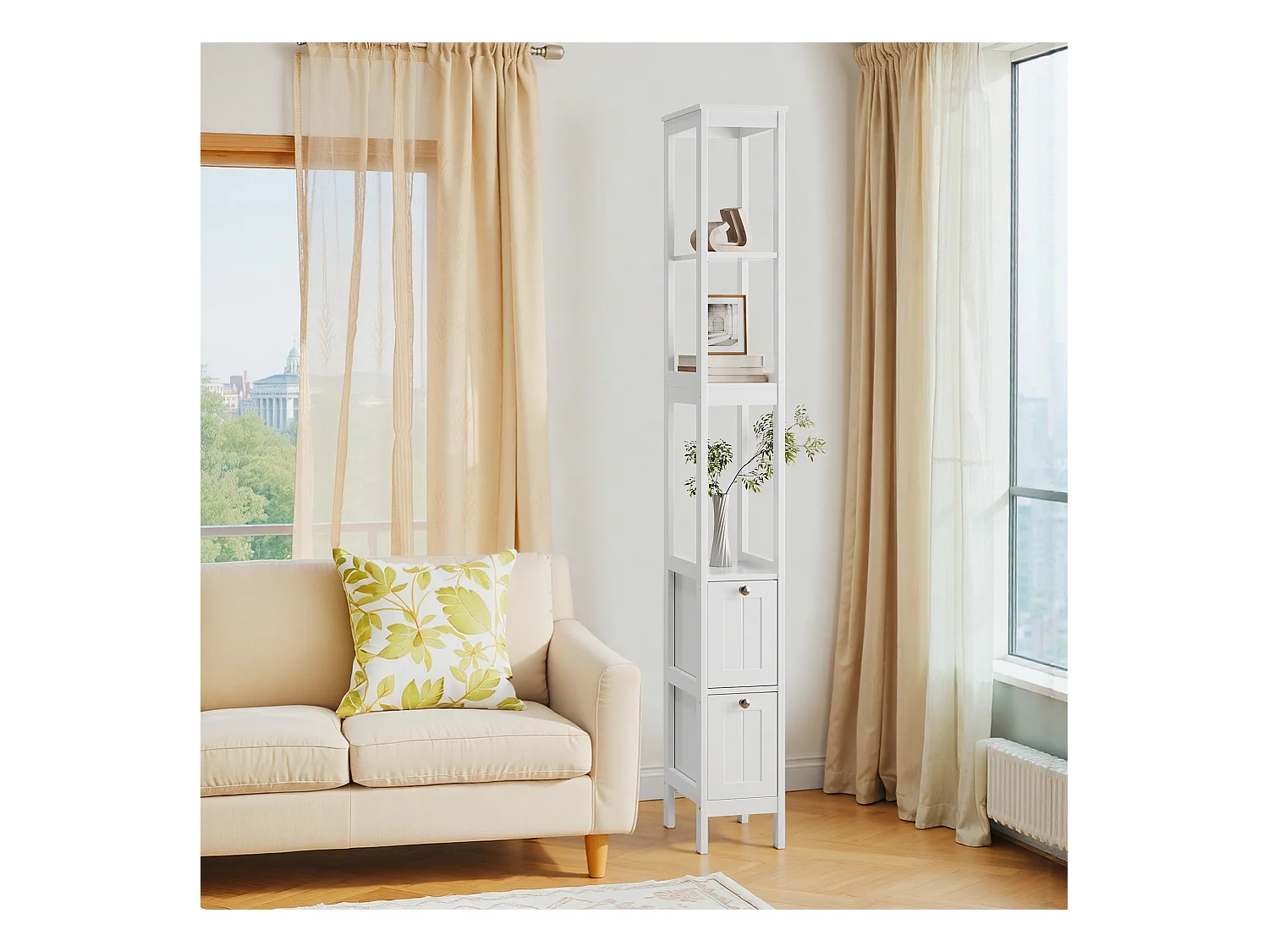 Meuble de rangement étroit pour salle de bain, avec 2 tiroirs et 3 étagères, bois, blanc (20x30x160 cm)