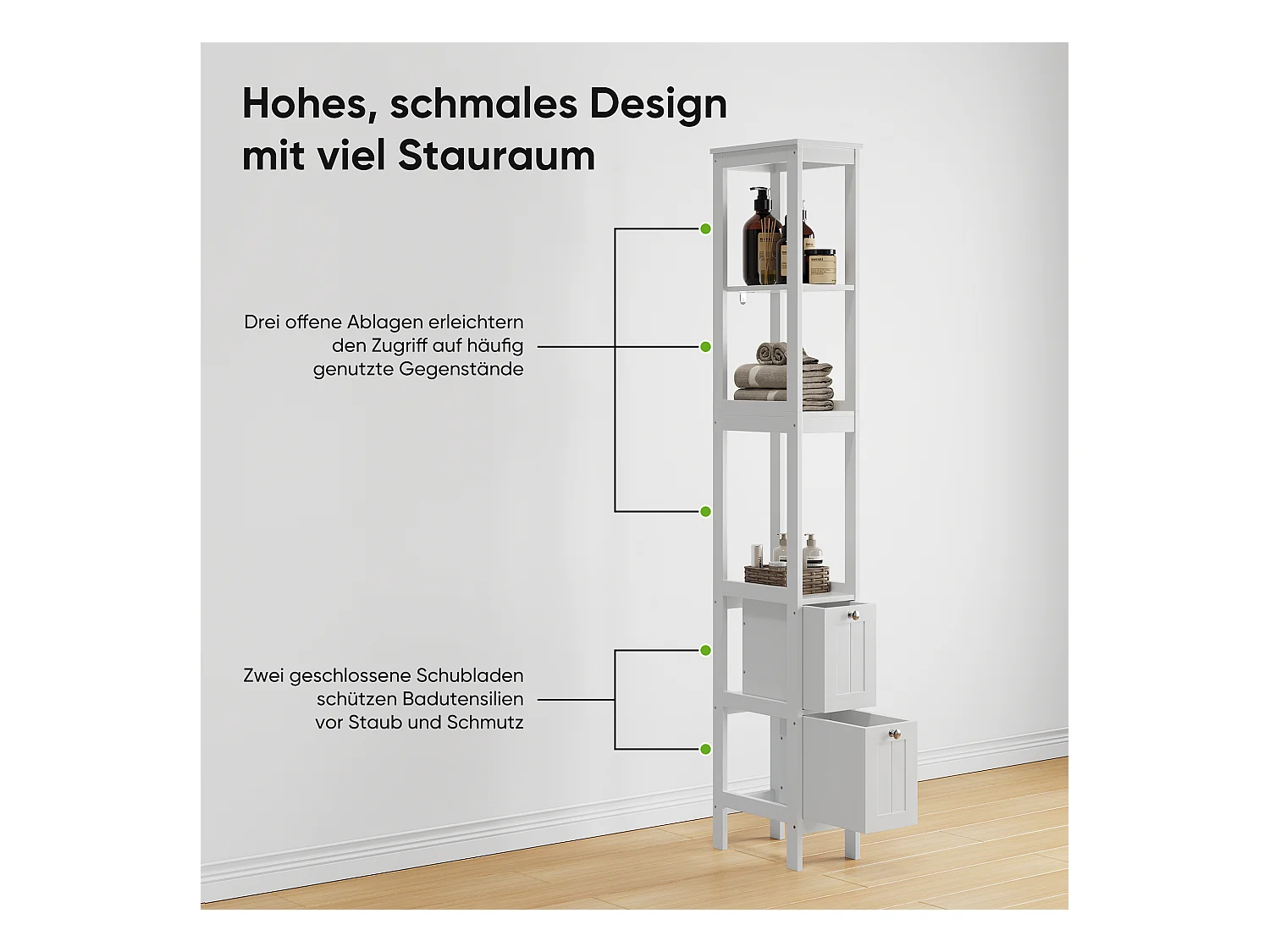 Meuble de rangement étroit pour salle de bain, avec 2 tiroirs et 3 étagères, bois, blanc (20x30x160 cm)