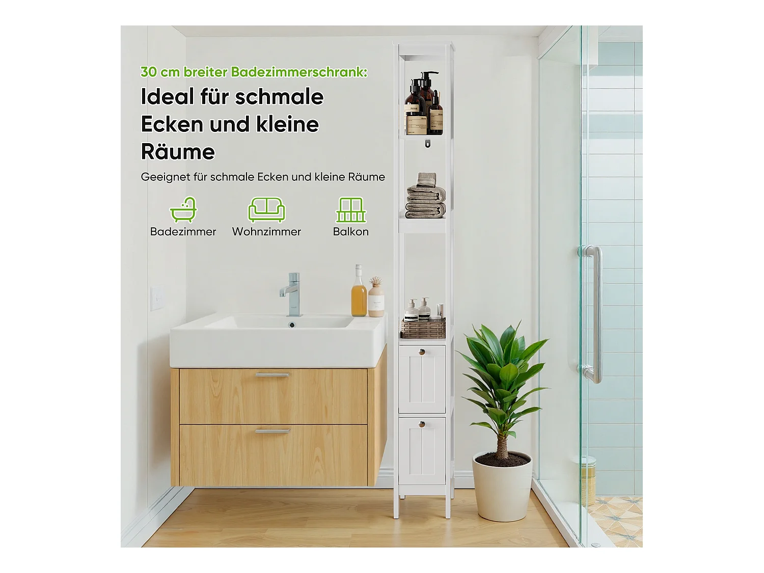 Meuble de rangement étroit pour salle de bain, avec 2 tiroirs et 3 étagères, bois, blanc (20x30x160 cm)