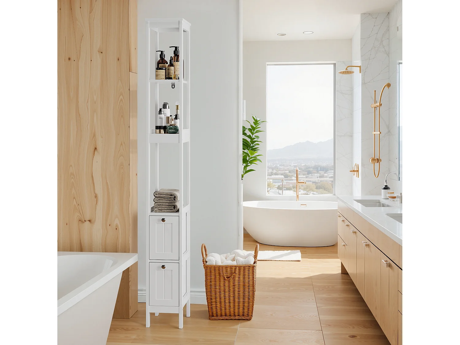 Meuble de rangement étroit pour salle de bain, avec 2 tiroirs et 3 étagères, bois, blanc (20x30x160 cm)