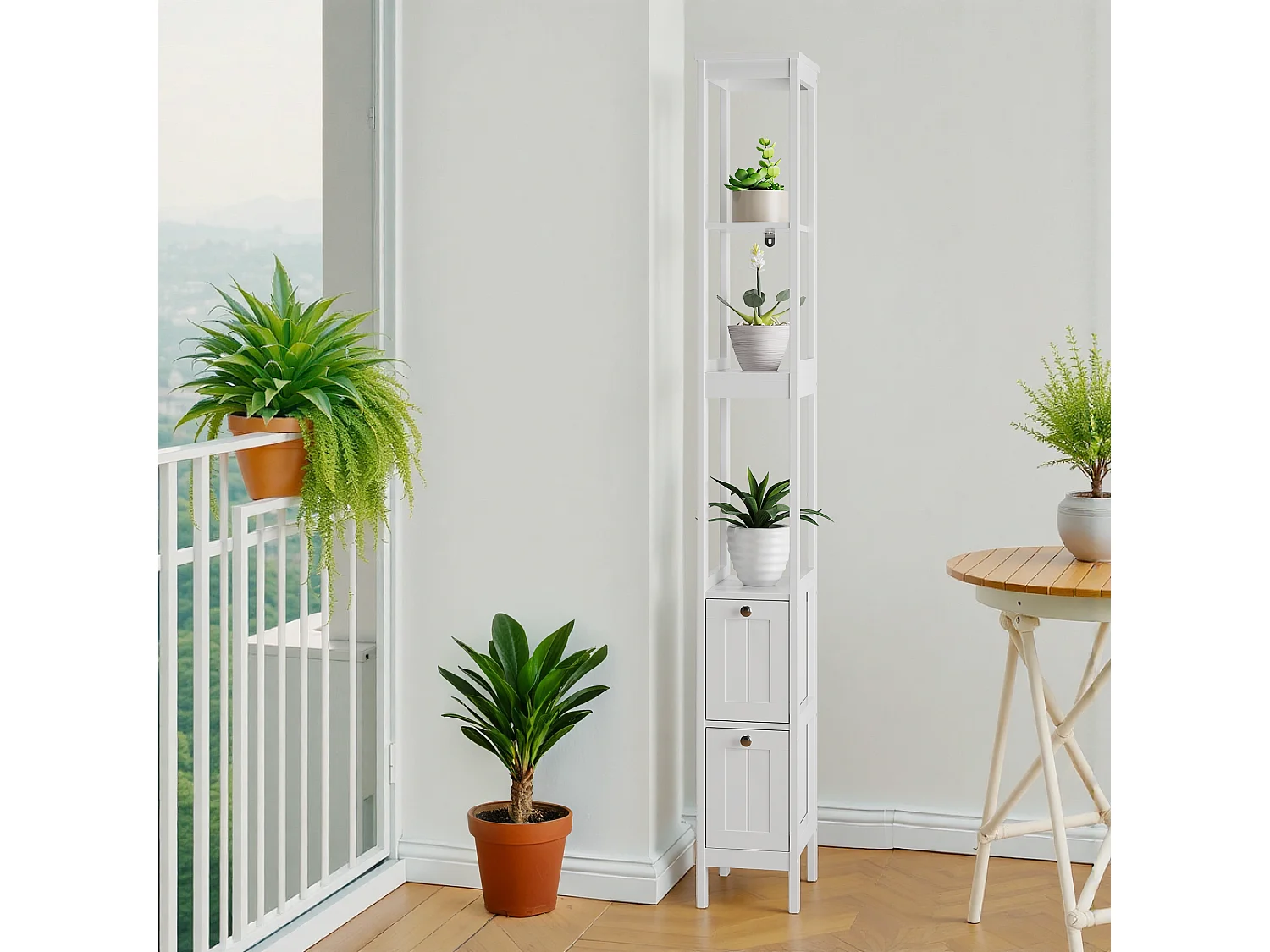 Meuble de rangement étroit pour salle de bain, avec 2 tiroirs et 3 étagères, bois, blanc (20x30x160 cm)