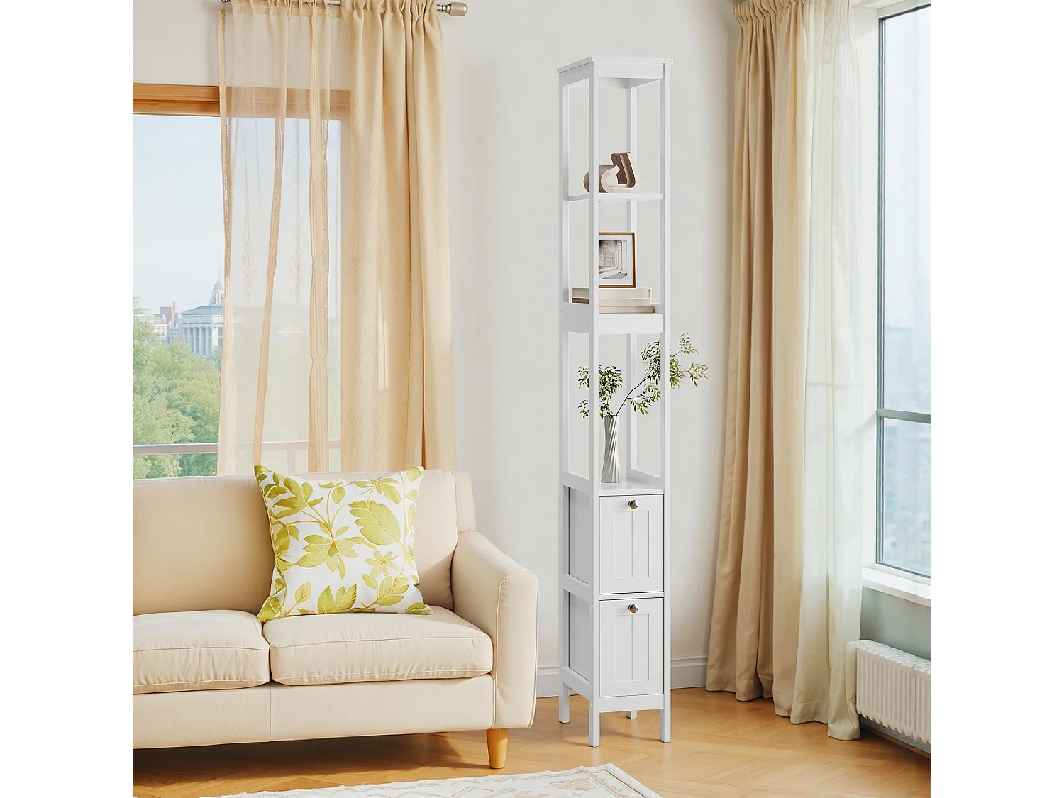 Meuble de rangement étroit pour salle de bain, avec 2 tiroirs et 3 étagères, bois, blanc (20x30x160 cm)