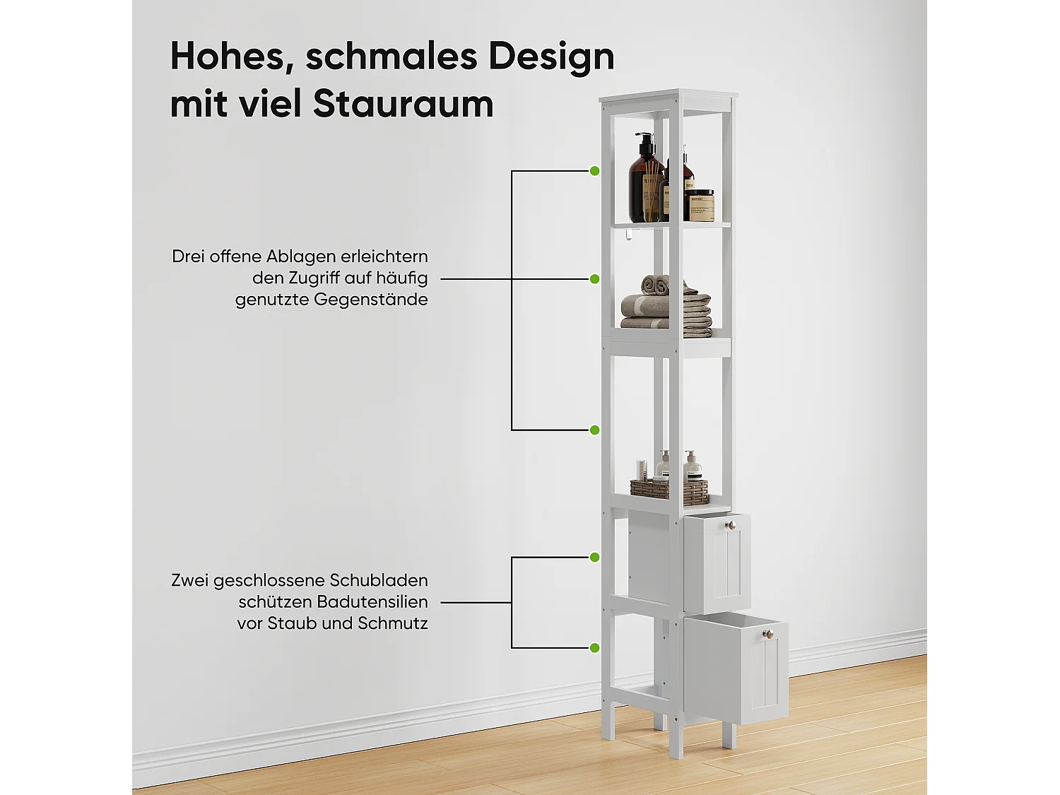 Meuble de rangement étroit pour salle de bain, avec 2 tiroirs et 3 étagères, bois, blanc (20x30x160 cm)