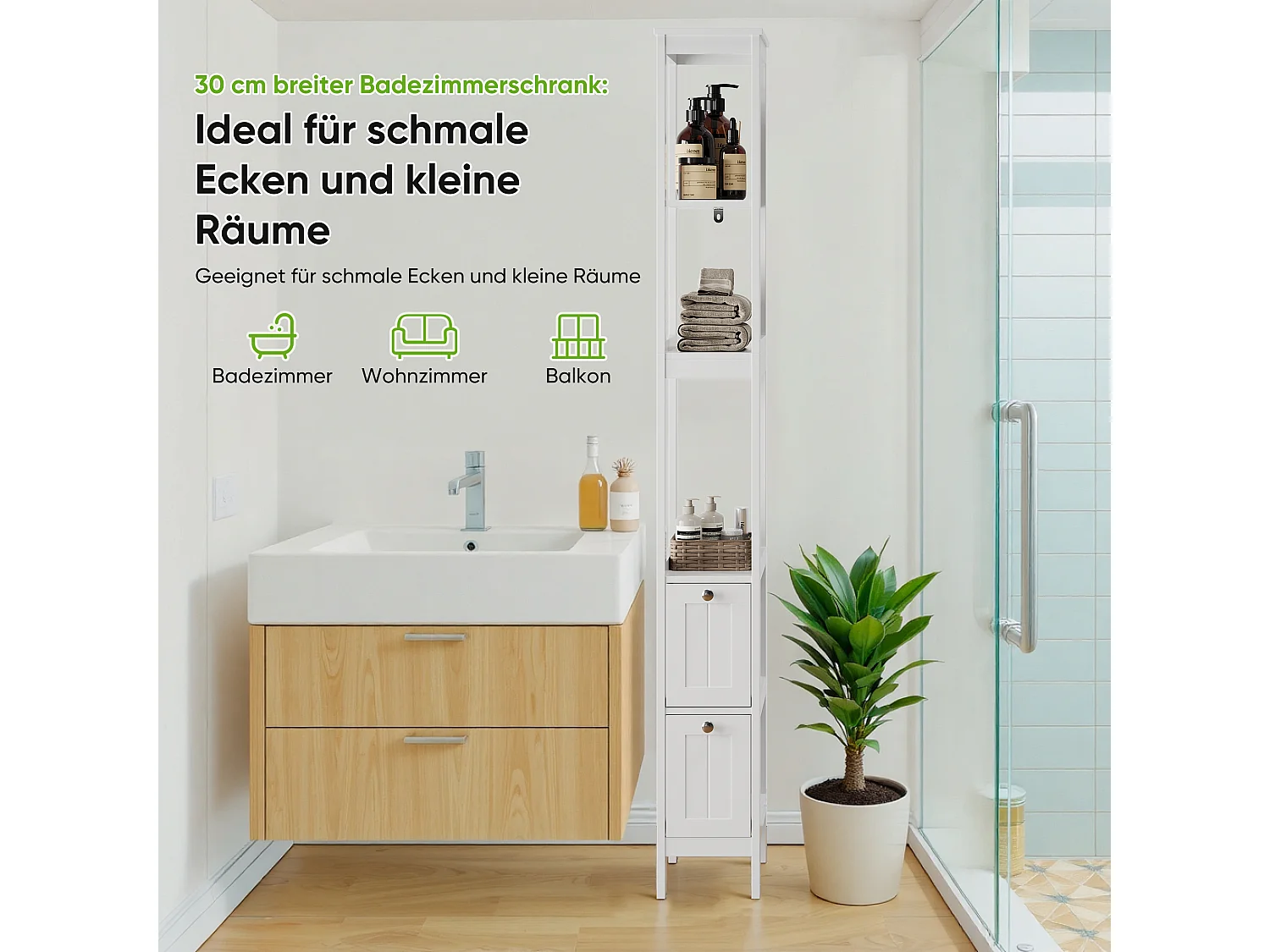 Meuble de rangement étroit pour salle de bain, avec 2 tiroirs et 3 étagères, bois, blanc (20x30x160 cm)