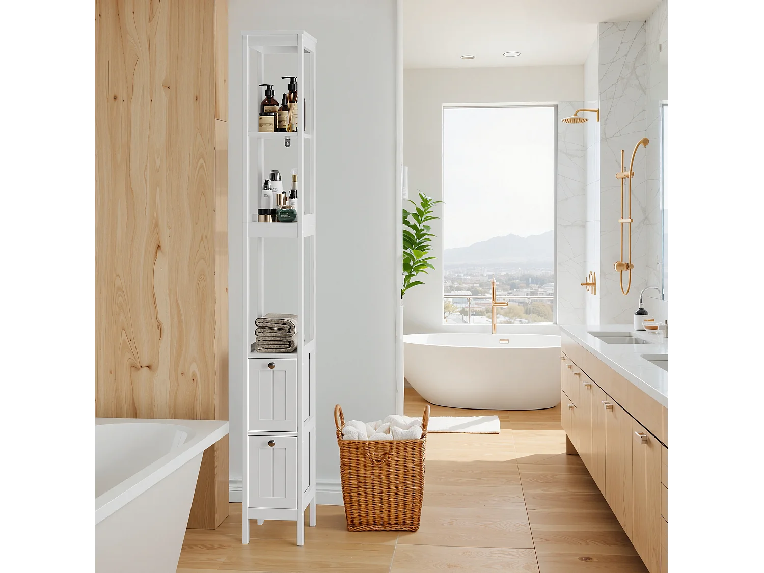 Meuble de rangement étroit pour salle de bain, avec 2 tiroirs et 3 étagères, bois, blanc (20x30x160 cm)