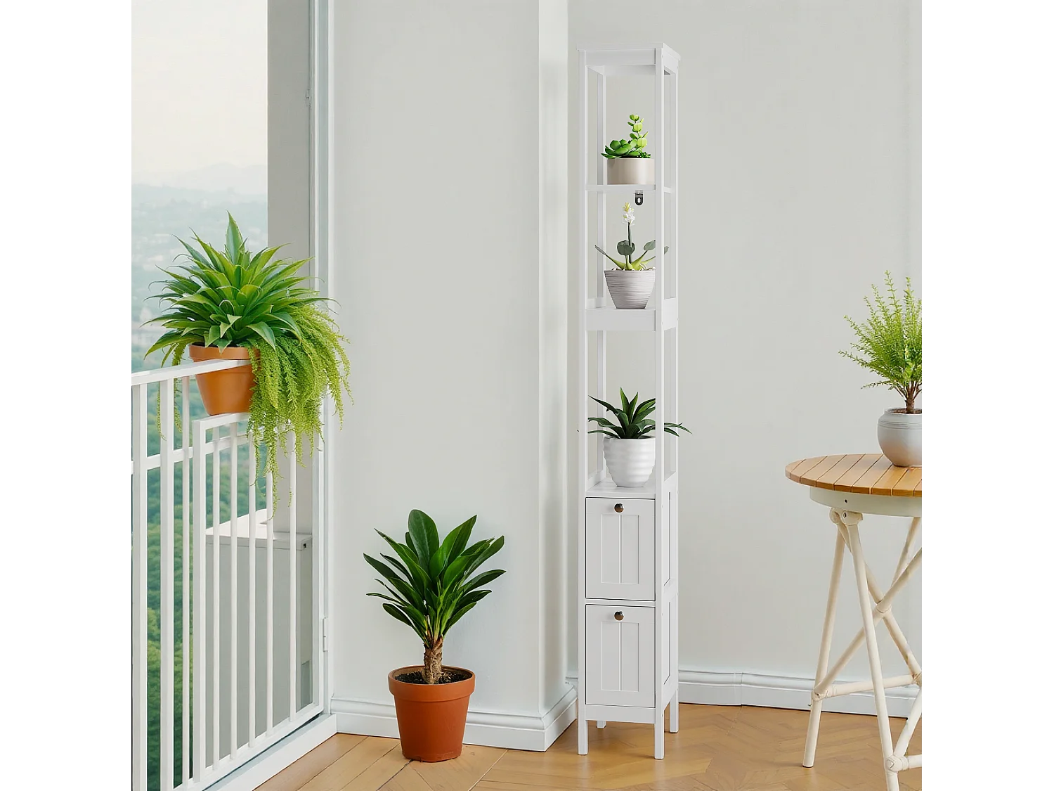 Meuble de rangement étroit pour salle de bain, avec 2 tiroirs et 3 étagères, bois, blanc (20x30x160 cm)