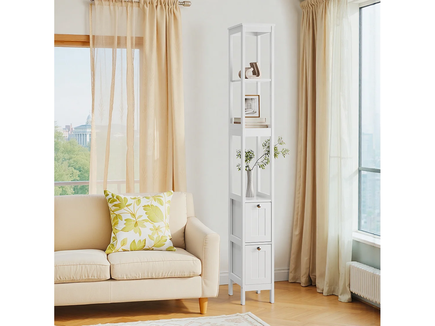 Meuble de rangement étroit pour salle de bain, avec 2 tiroirs et 3 étagères, bois, blanc (20x30x160 cm)