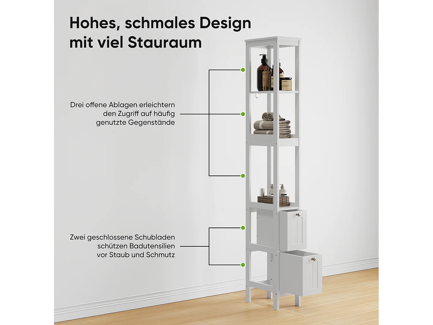 Meuble de rangement étroit pour salle de bain, avec 2 tiroirs et 3 étagères, bois, blanc (20x30x160 cm)