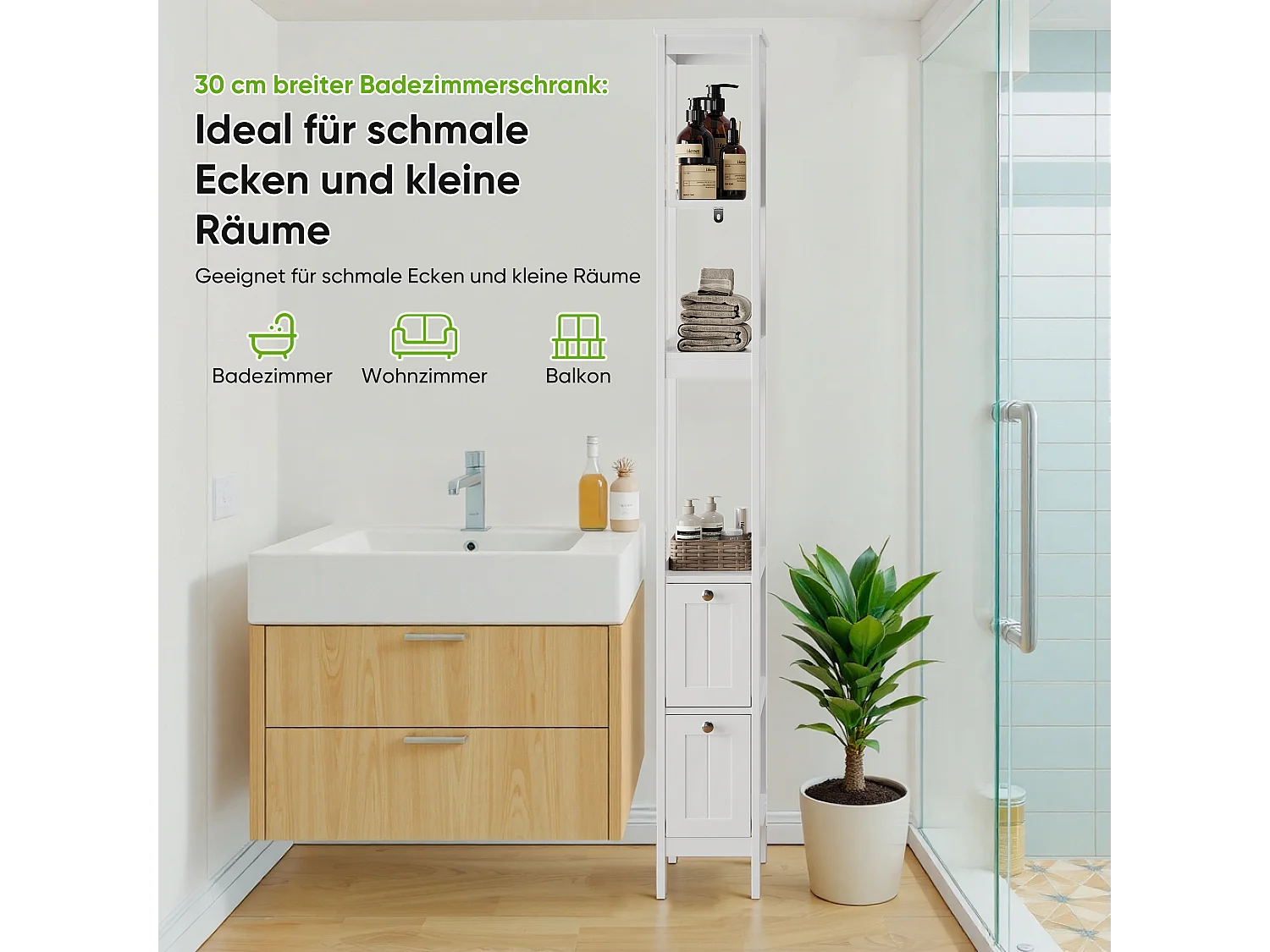 Meuble de rangement étroit pour salle de bain, avec 2 tiroirs et 3 étagères, bois, blanc (20x30x160 cm)