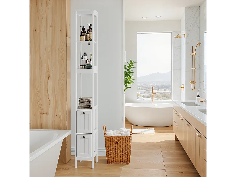 Mueble de baño estrecho con 2 cajones y 3 estantes, madera, blanco (20x30x160 cm)