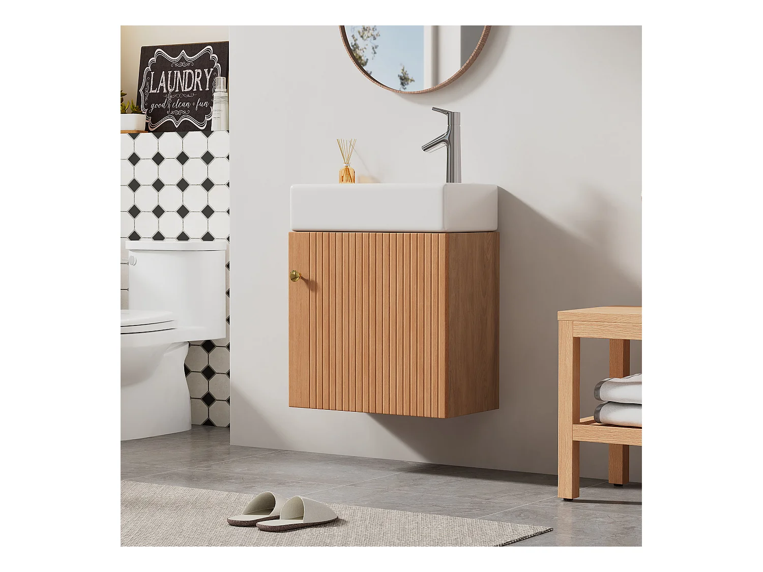 Meuble de salle de bain avec lavabo et meuble sous-vasque suspendu, bois naturel, design compact (46x26x56 cm)