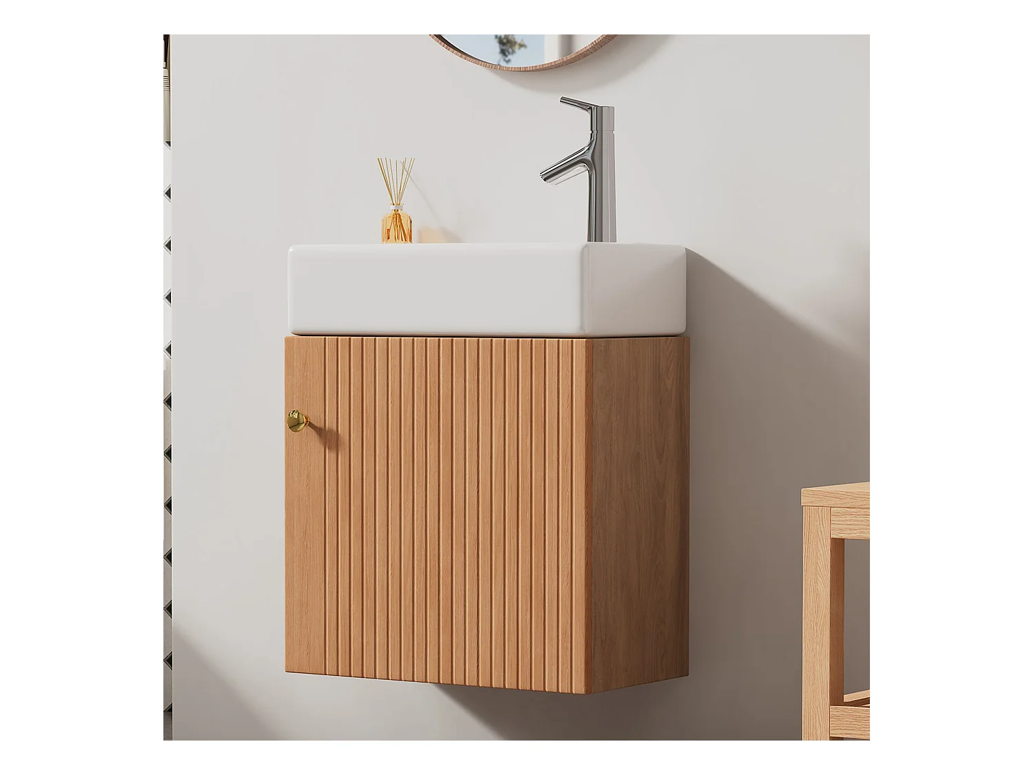 Meuble de salle de bain avec lavabo et meuble sous-vasque suspendu, bois naturel, design compact (46x26x56 cm)
