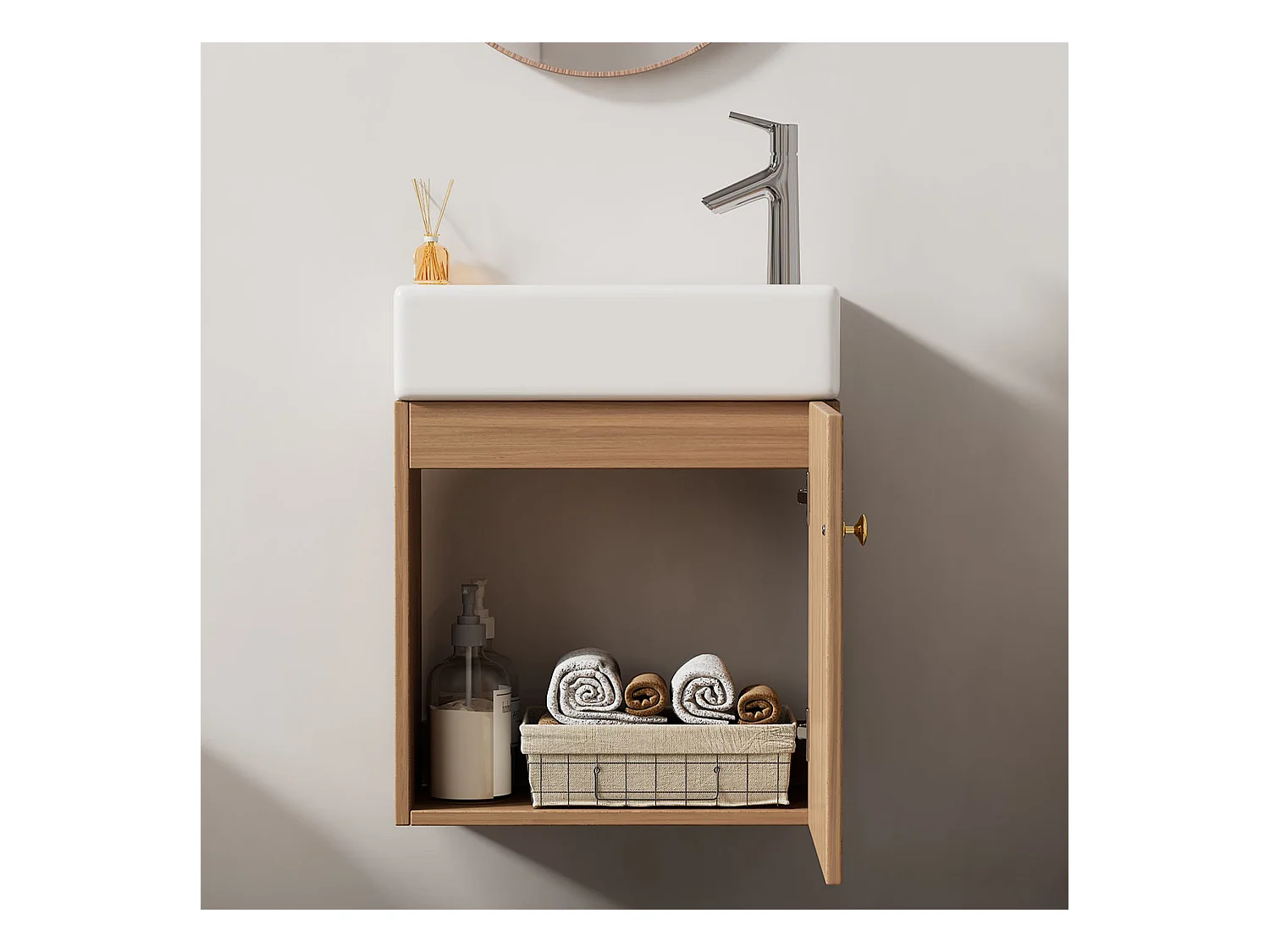 Meuble de salle de bain avec lavabo et meuble sous-vasque suspendu, bois naturel, design compact (46x26x56 cm)