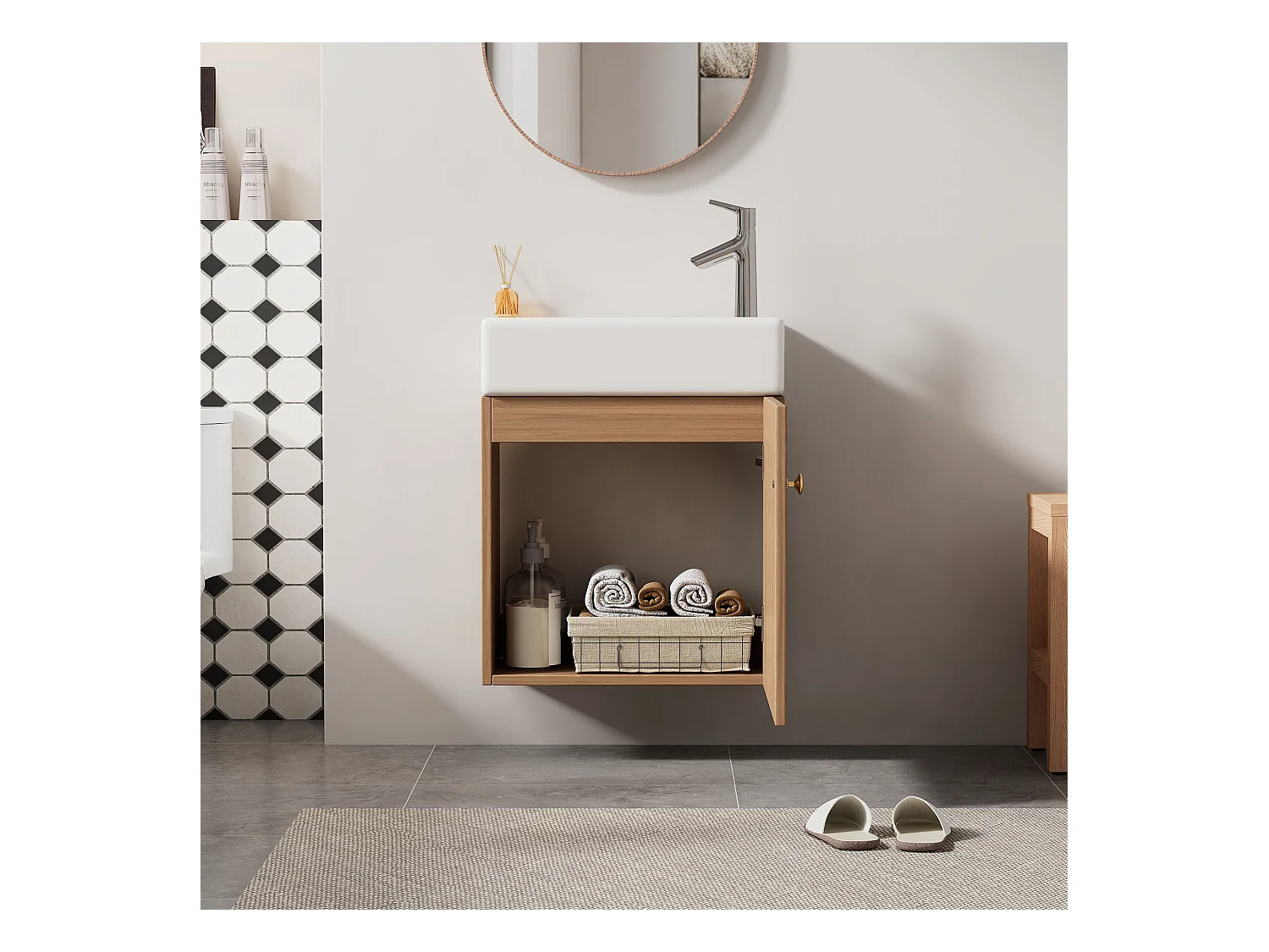 Meuble de salle de bain avec lavabo et meuble sous-vasque suspendu, bois naturel, design compact (46x26x56 cm)
