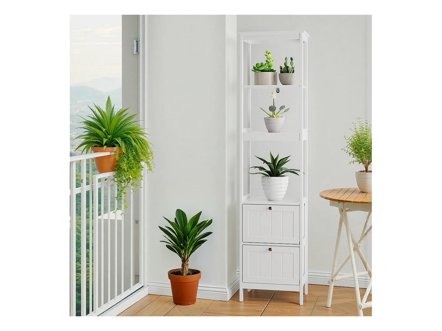 Meuble de rangement étroit pour salle de bain, avec 2 tiroirs et 3 étagères, bois, blanc (40x30x160 cm)