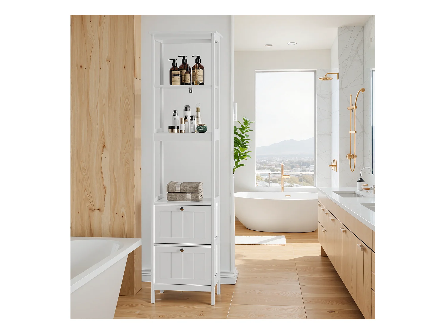 Meuble de rangement étroit pour salle de bain, avec 2 tiroirs et 3 étagères, bois, blanc (40x30x160 cm)