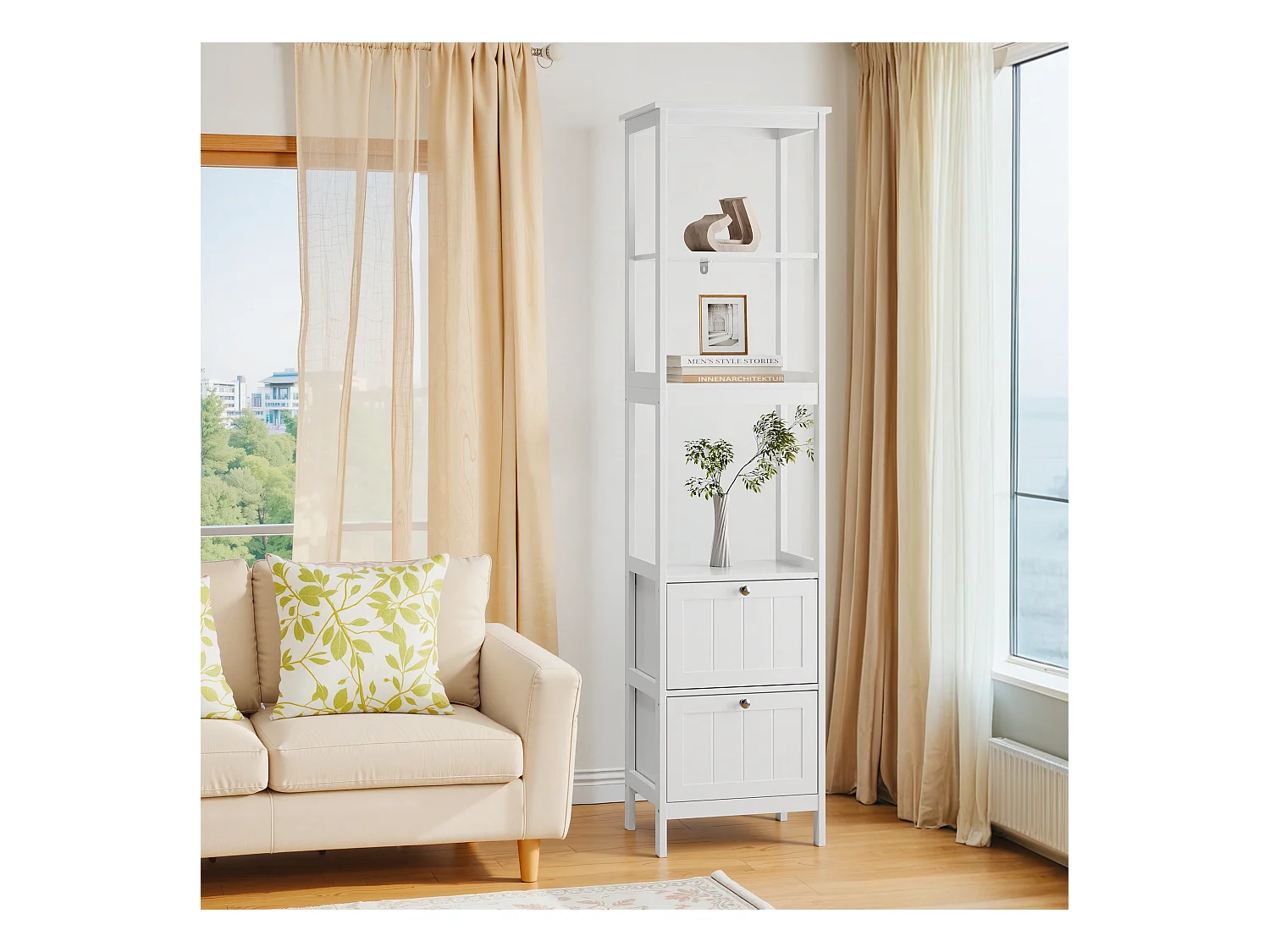 Meuble de rangement étroit pour salle de bain, avec 2 tiroirs et 3 étagères, bois, blanc (40x30x160 cm)