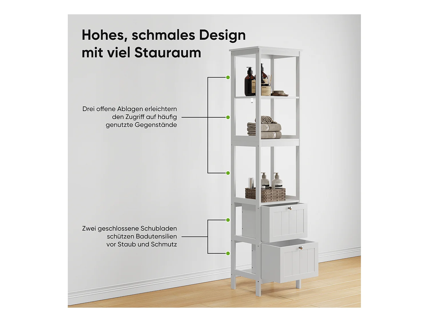 Meuble de rangement étroit pour salle de bain, avec 2 tiroirs et 3 étagères, bois, blanc (40x30x160 cm)