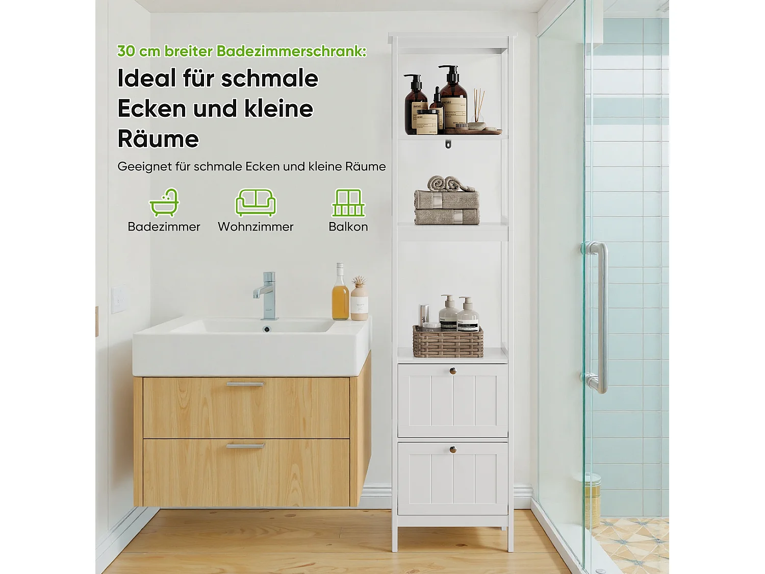 Meuble de rangement étroit pour salle de bain, avec 2 tiroirs et 3 étagères, bois, blanc (40x30x160 cm)