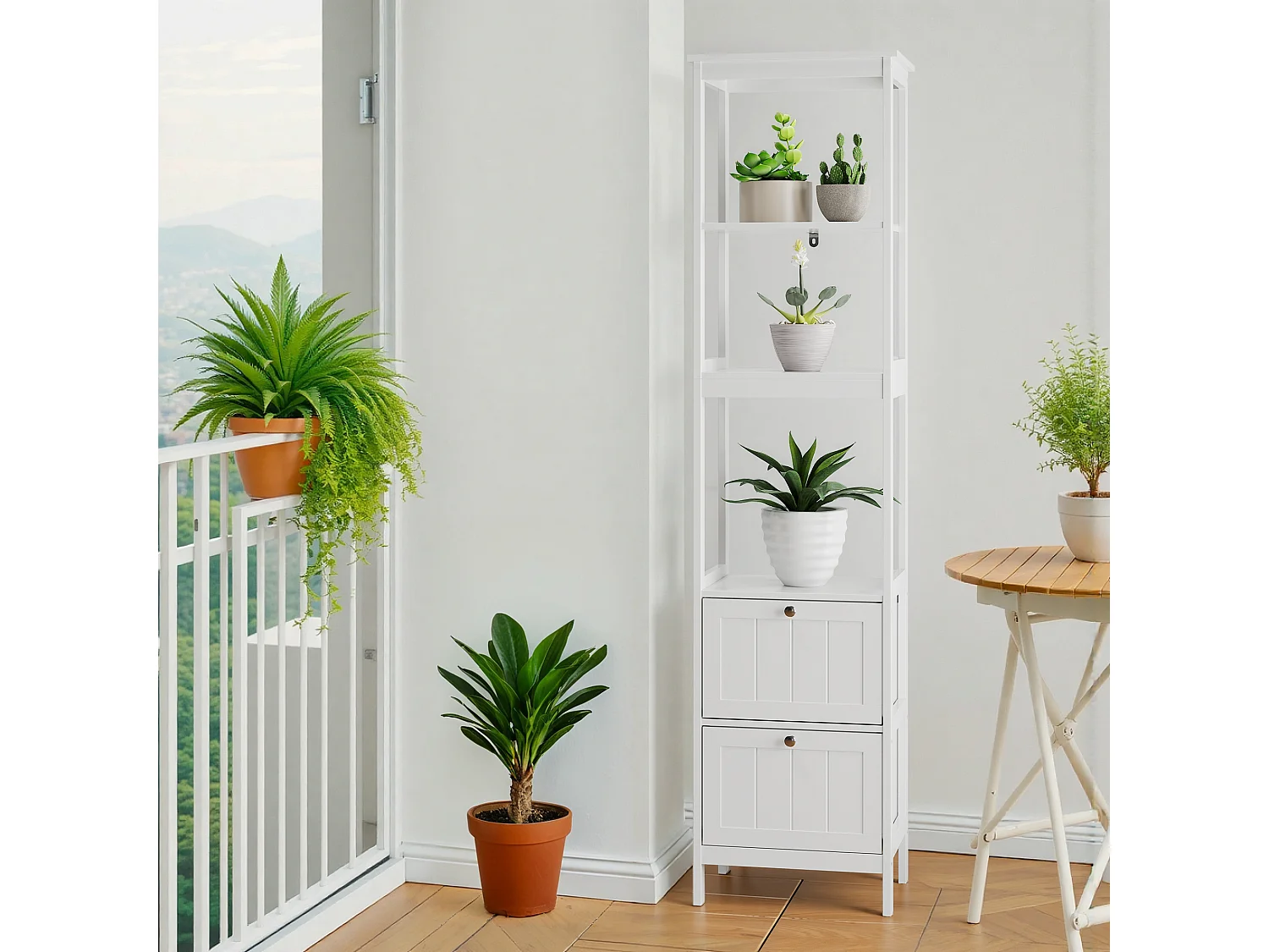 Meuble de rangement étroit pour salle de bain, avec 2 tiroirs et 3 étagères, bois, blanc (40x30x160 cm)