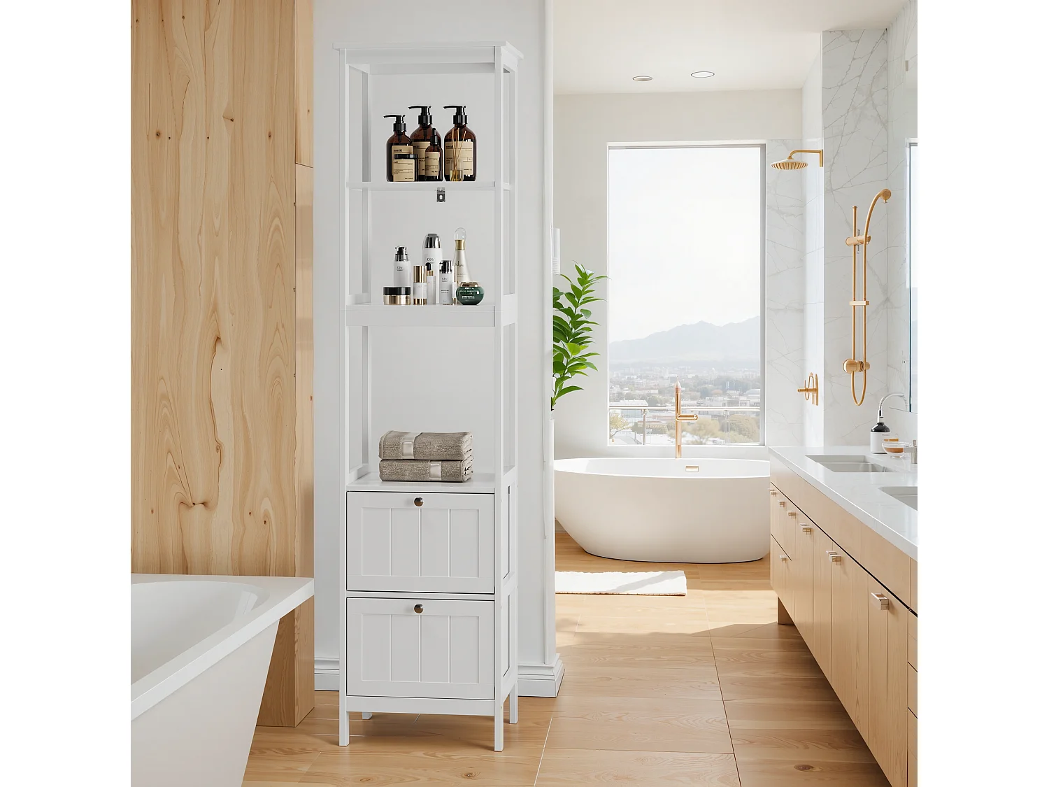 Meuble de rangement étroit pour salle de bain, avec 2 tiroirs et 3 étagères, bois, blanc (40x30x160 cm)